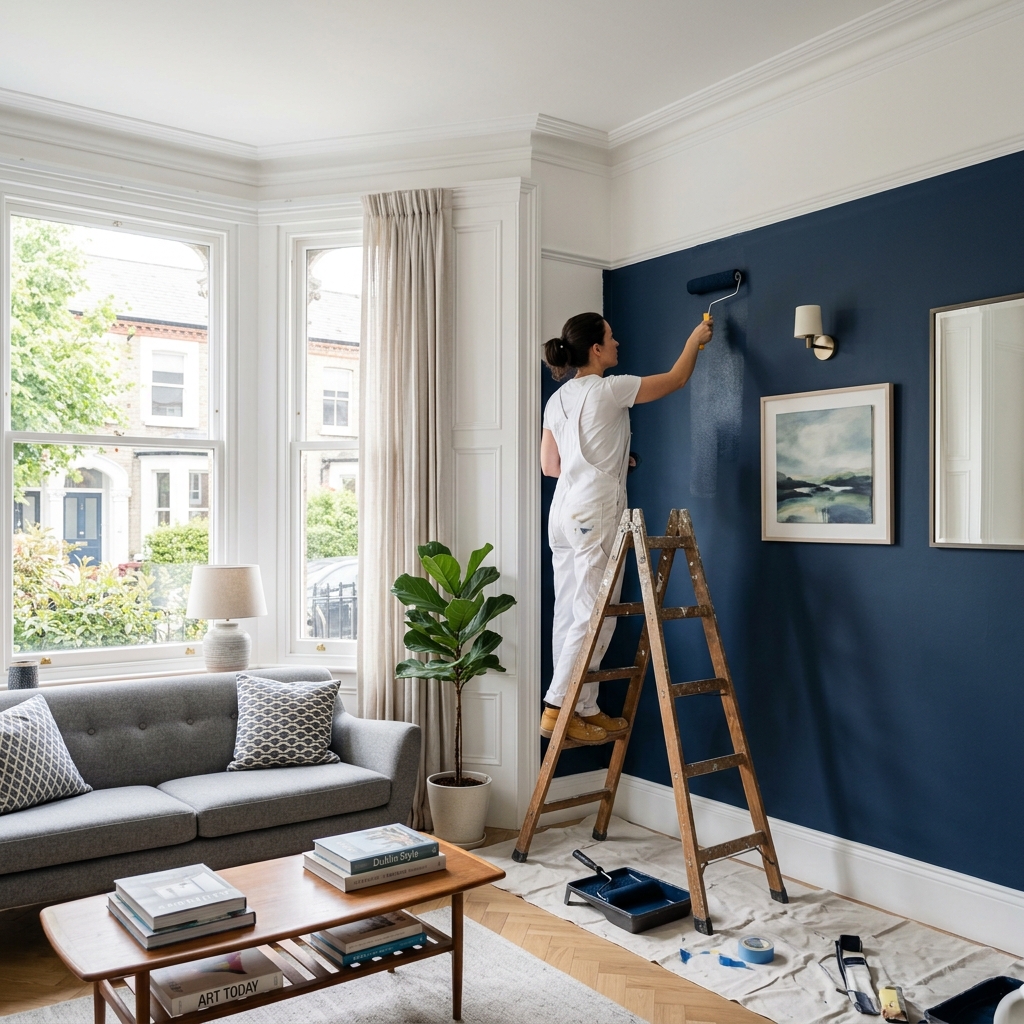 Ella Contractor Limited interior painter applying navy feature wall in modern Dublin living room