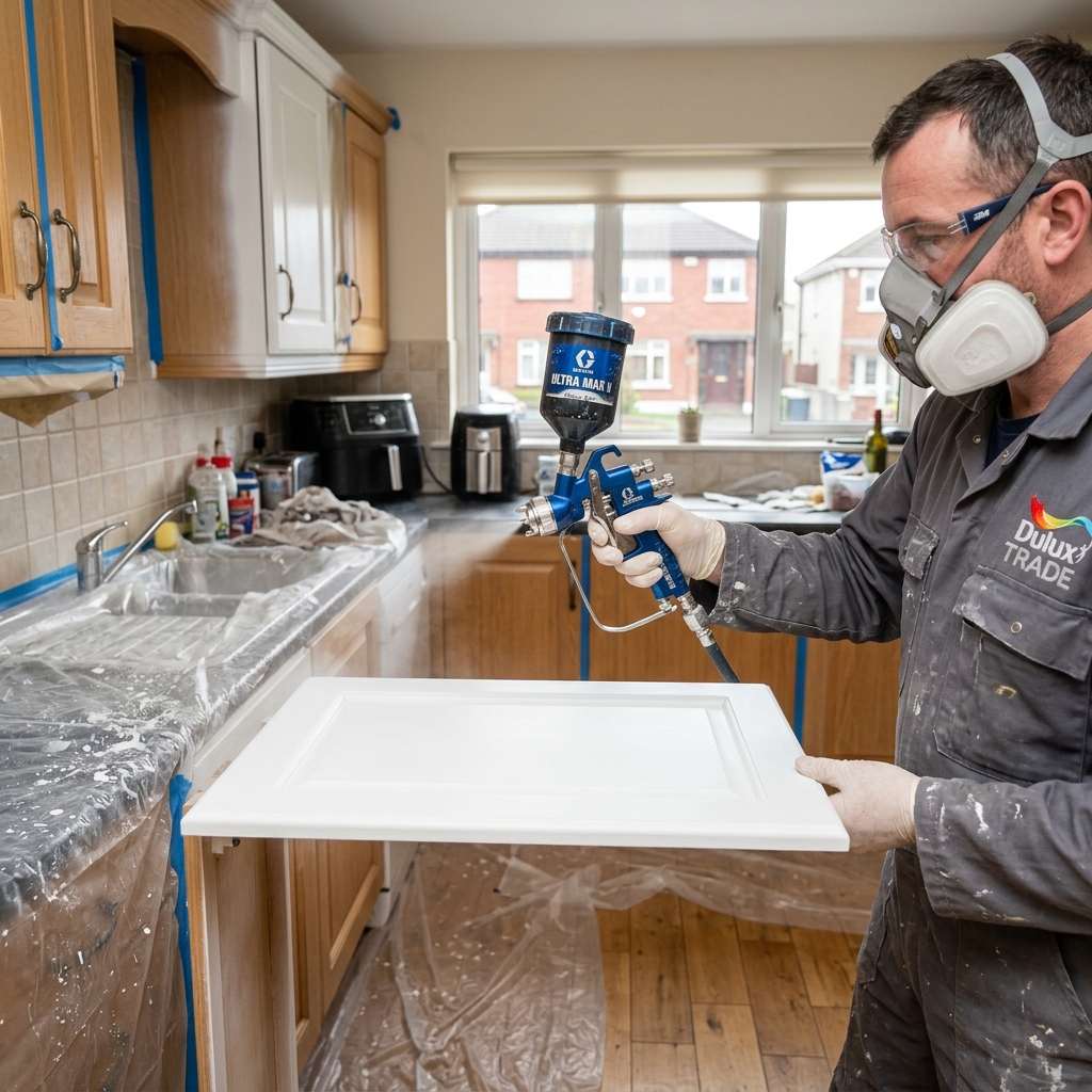 Ella Contractor Limited specialist spray painting kitchen cabinet doors to a flawless satin white finish in Dublin